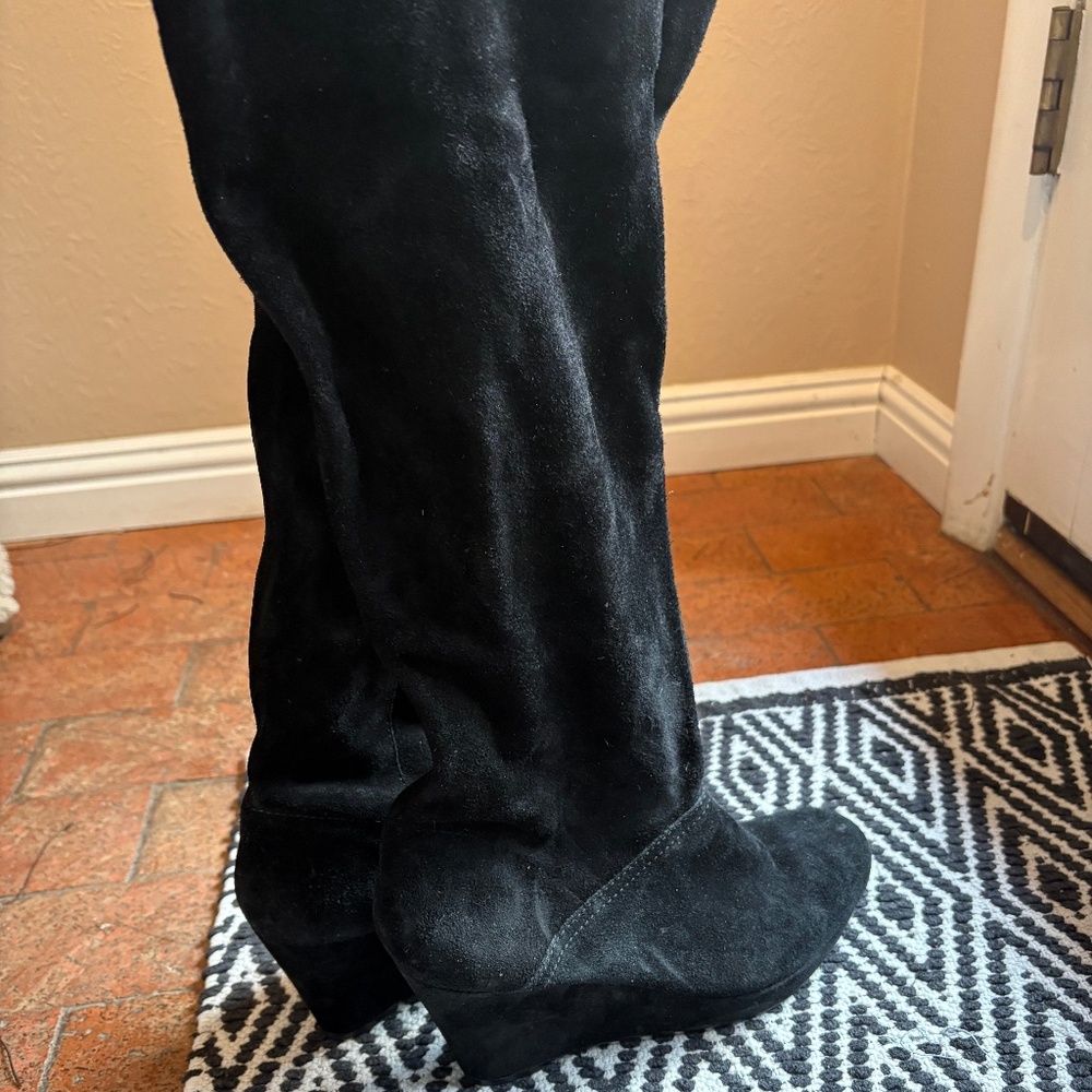 Diane von Furstenberg DVF Black Suede Wedge Knee-High Boots | Size 8.5